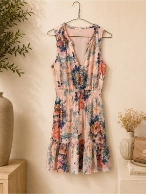 Lovestitch Lachelle Womens S Pink Teal Floral Smocked Mini Dress